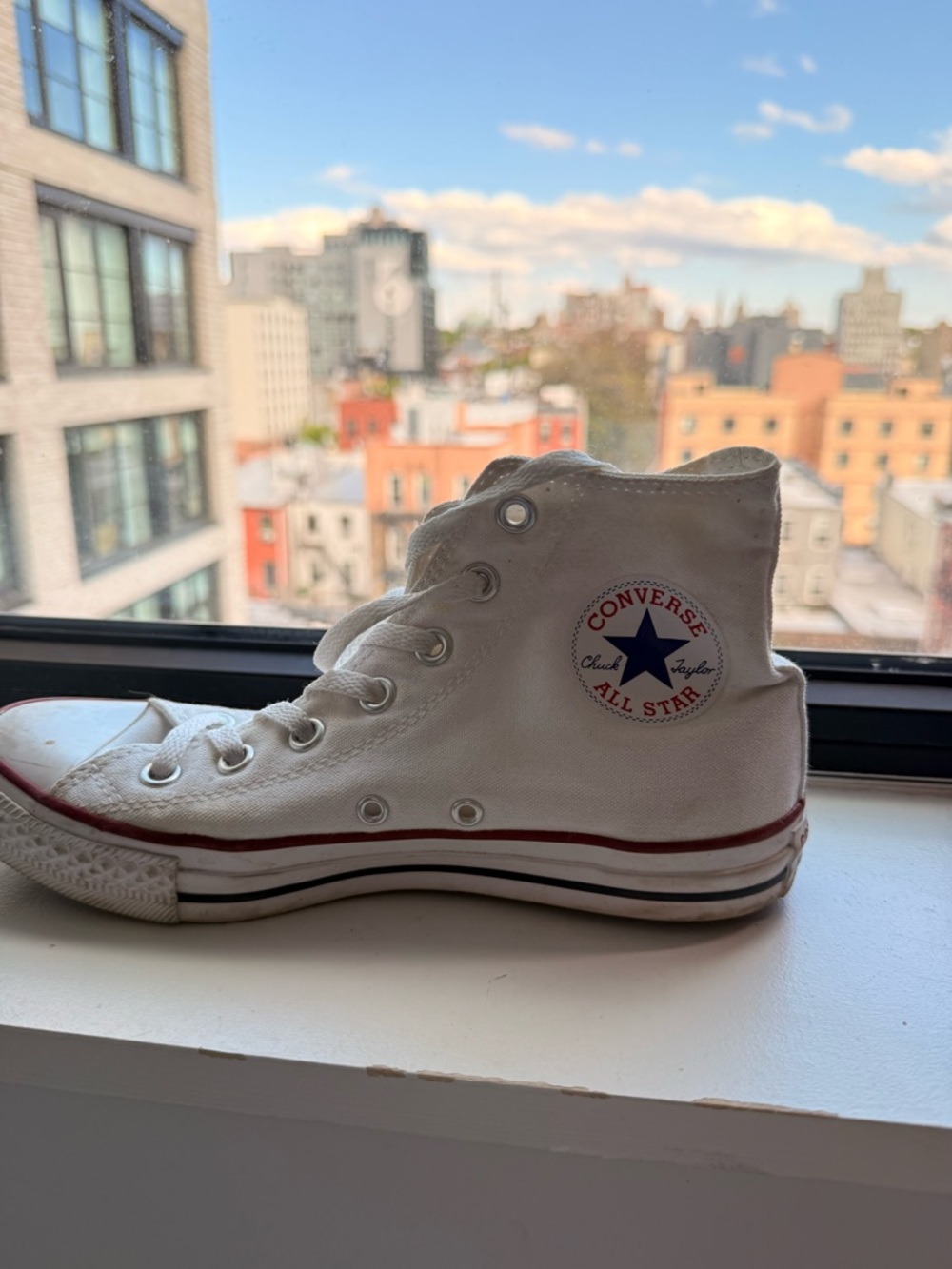 Converse White High Top Sneakers with Red Trim